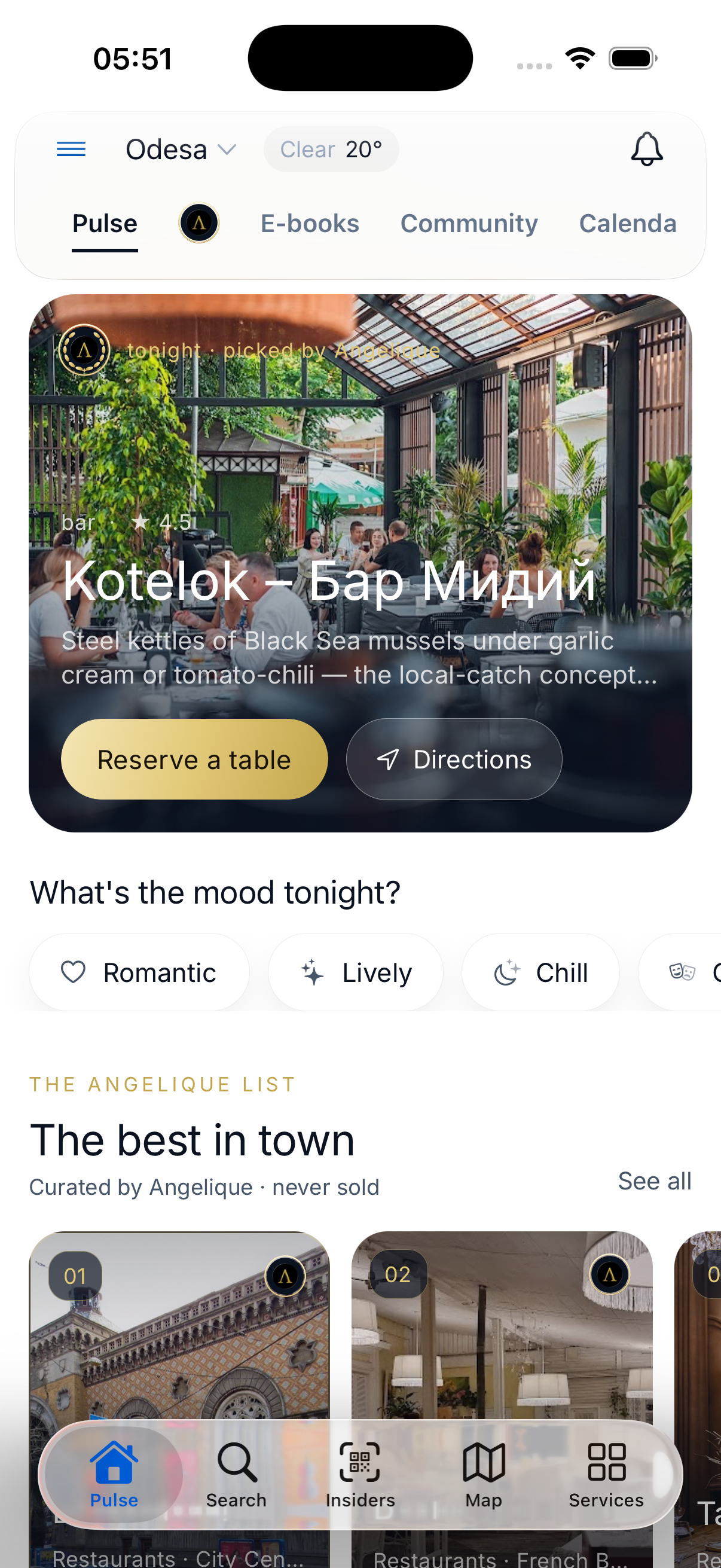 The Angelique Odessa app — the Pulse home screen for Odesa